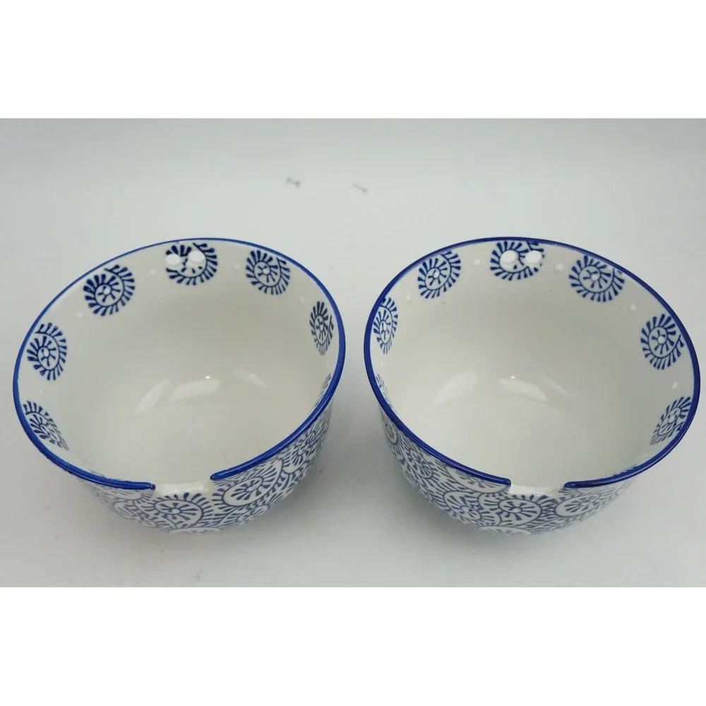 Royal Ramen Noodle Bowls Set of 2 Blue White Swirl Ceramic Chopstick Rest EUC